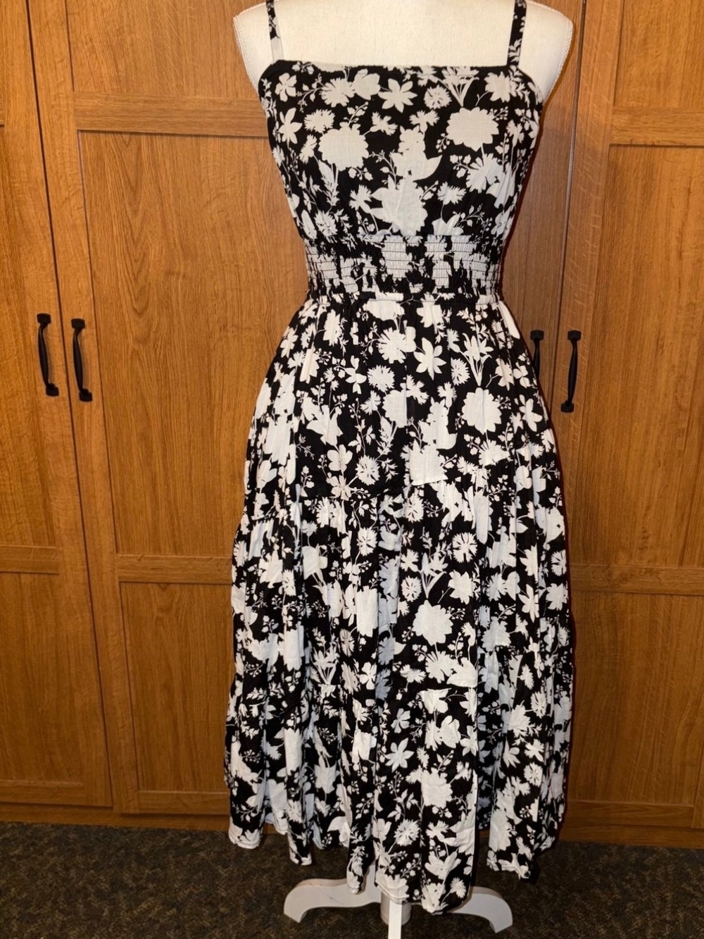 Maurices Black and White Floral Midi Dress with Smocked Waist And  Pockets
